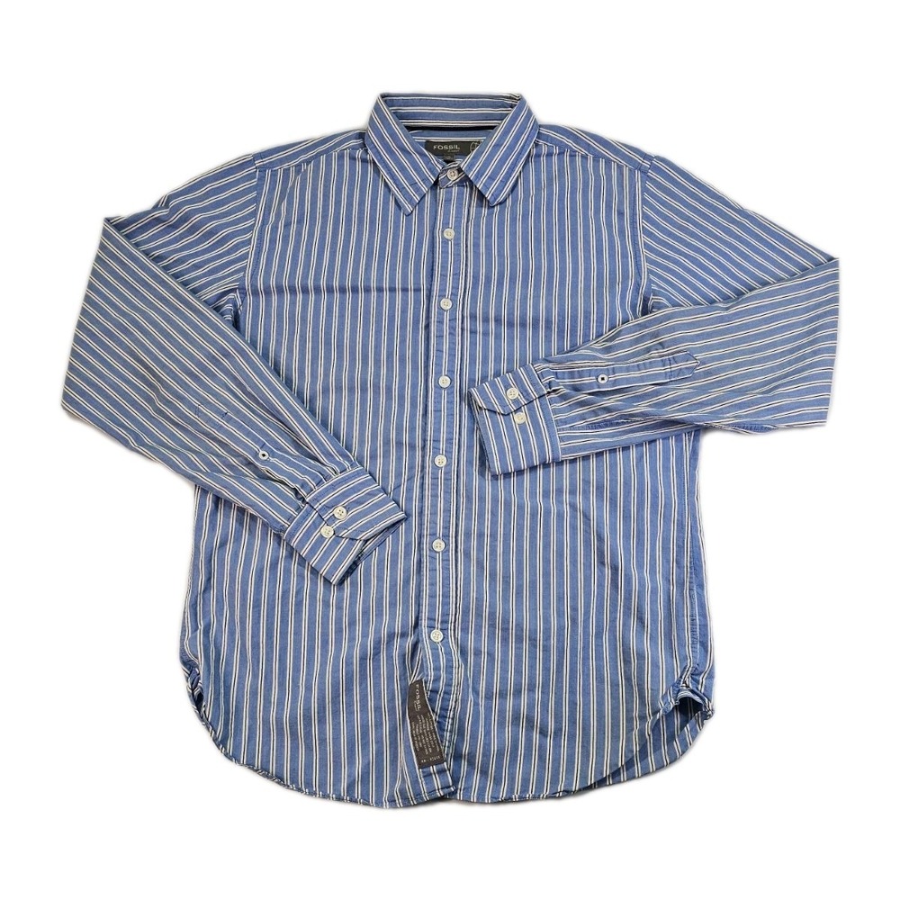 Fossil‎ Brand Mens Small Classic Casual Blue White Striped Button Up Dress Shirt
